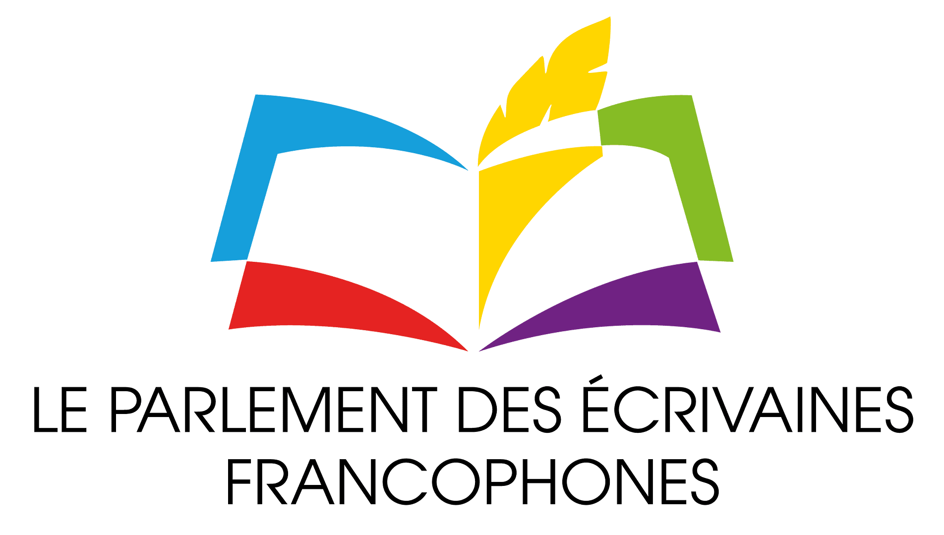 Logo du Parlement des Ecrivaines Francophones - un livre ouvert avec une plume jaune au centre