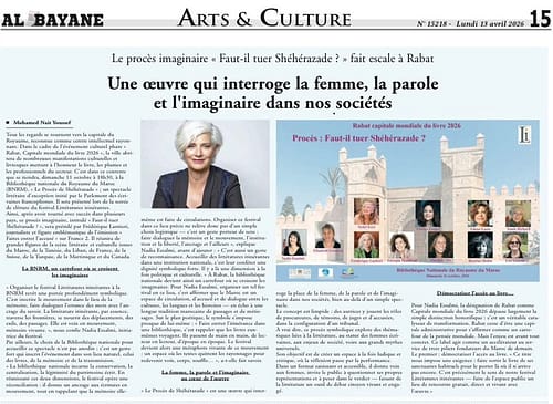 Rabat accueillera « Le Procès de Shéhérazade » – Article d’AL Bayane du 13 avril 2026