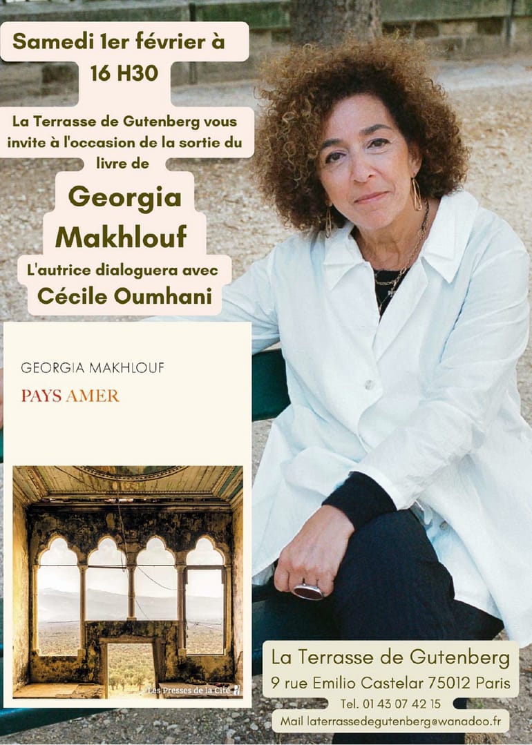 Invitation 1er février 2025 avec une photo de Georgia Makhlouf et la couverture de son ouvrage "Pays Amer"